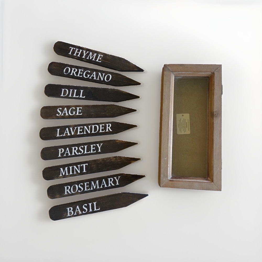Herb Garden Markers Wooden Shabby Chic Glass Top Box Set of 9 NEW